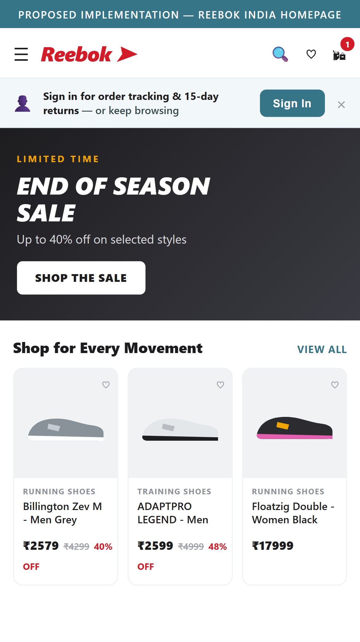 Proposed Implementation — Reebok India Homepage